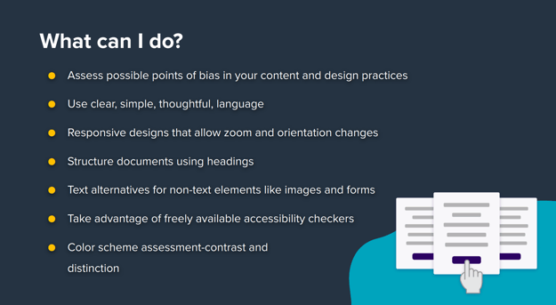 Slide showing what we can do to improve on accessibility, usability, and inclusion.
