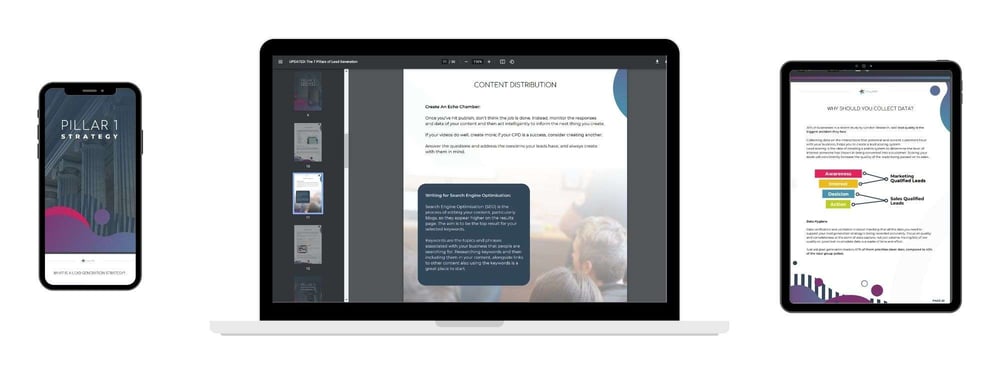 phone laptop and tablet with construction marketing 7 pillars to lead generation on them