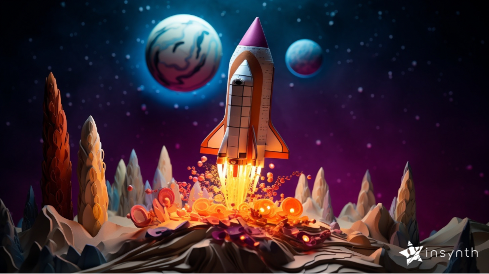 A space rocket blasting off from an unfamiliar planet