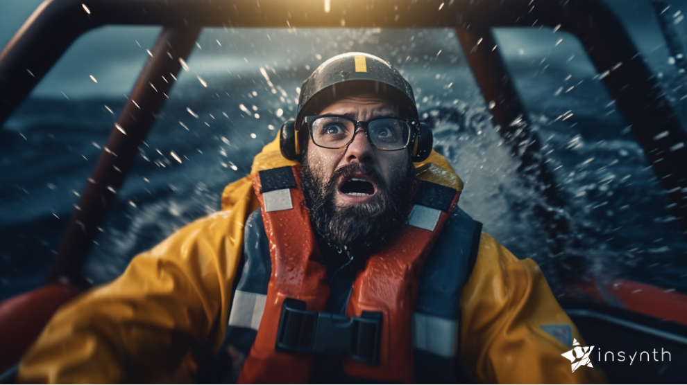 Construction Marketing Exec Looking Scared In A Lifeboat