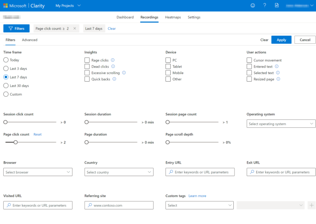 Filtering microsoft clarity