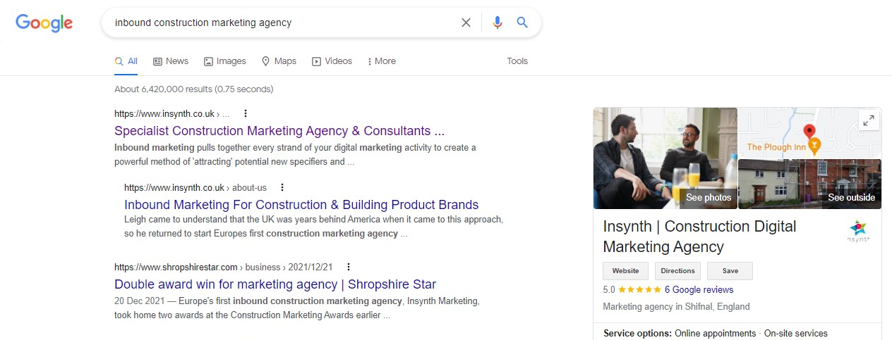 SERP for inbound construction marketing agency