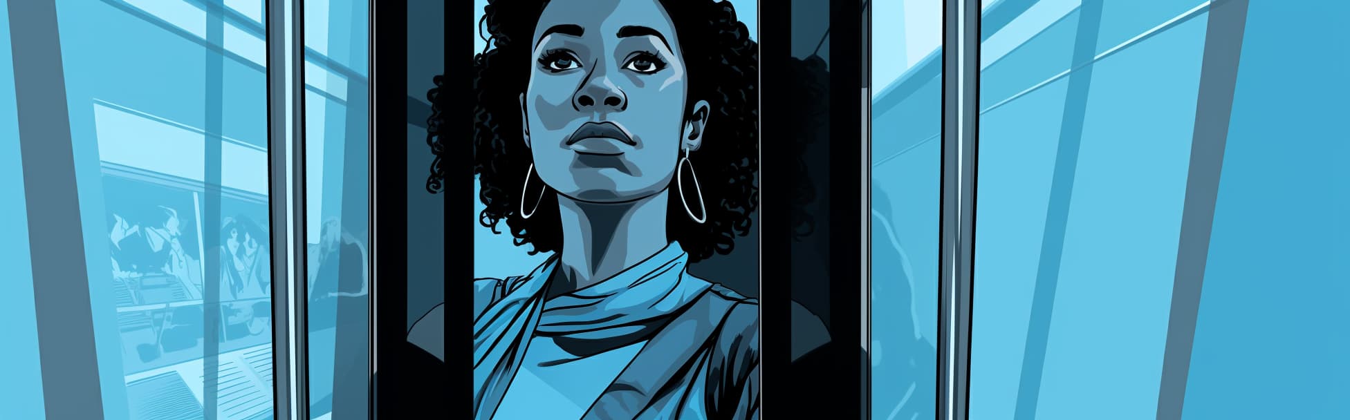 creatilou_a_black_woman_riding_an_elevator_sketch_lines_blue_co_785d3e2a-c7fa-4705-b4db-566fd098c944