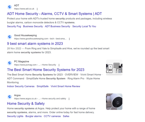 screenshot of google results for keyword security systems