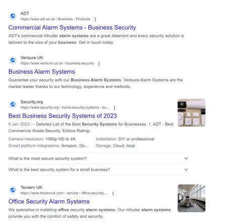screenshot of google results for keyword office security systems