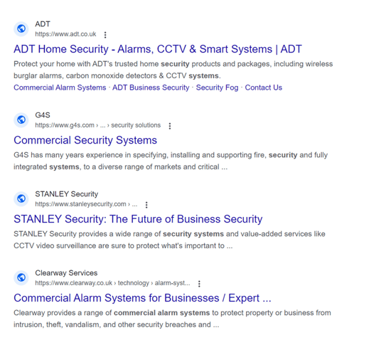 screenshot of google results for keyword office security system suppliers