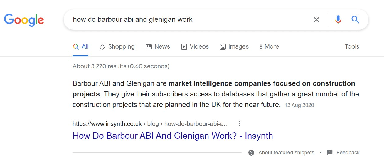 A featured snippet by Insynth were you can see a link to one of our blog posts